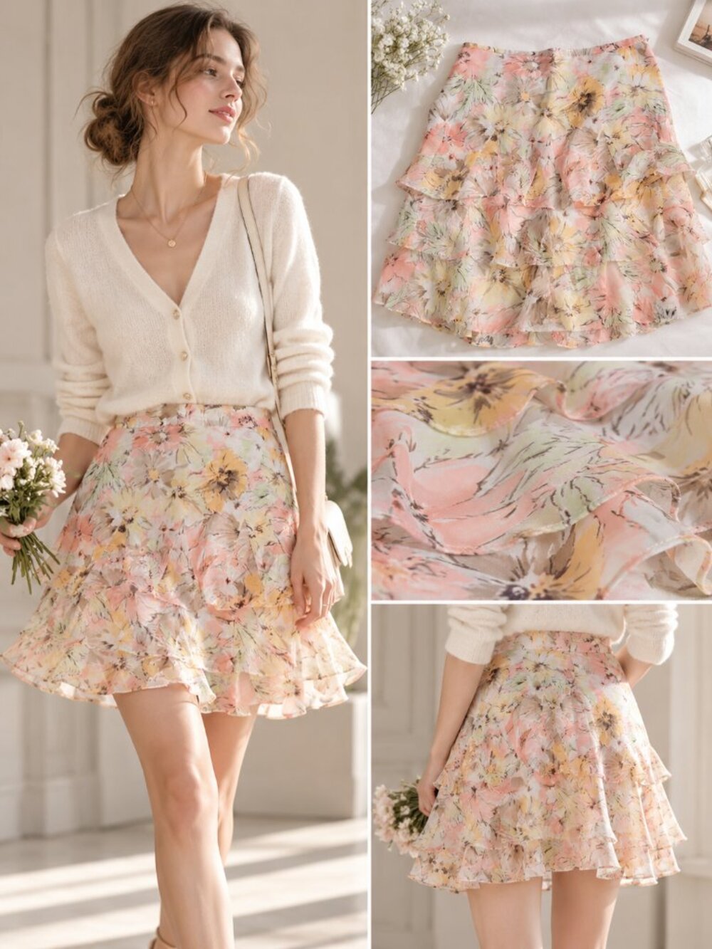 LOFT 100% Silk Floral Tiered Ruffle Mini Skirt Size 4 Pink Yellow Watercolor